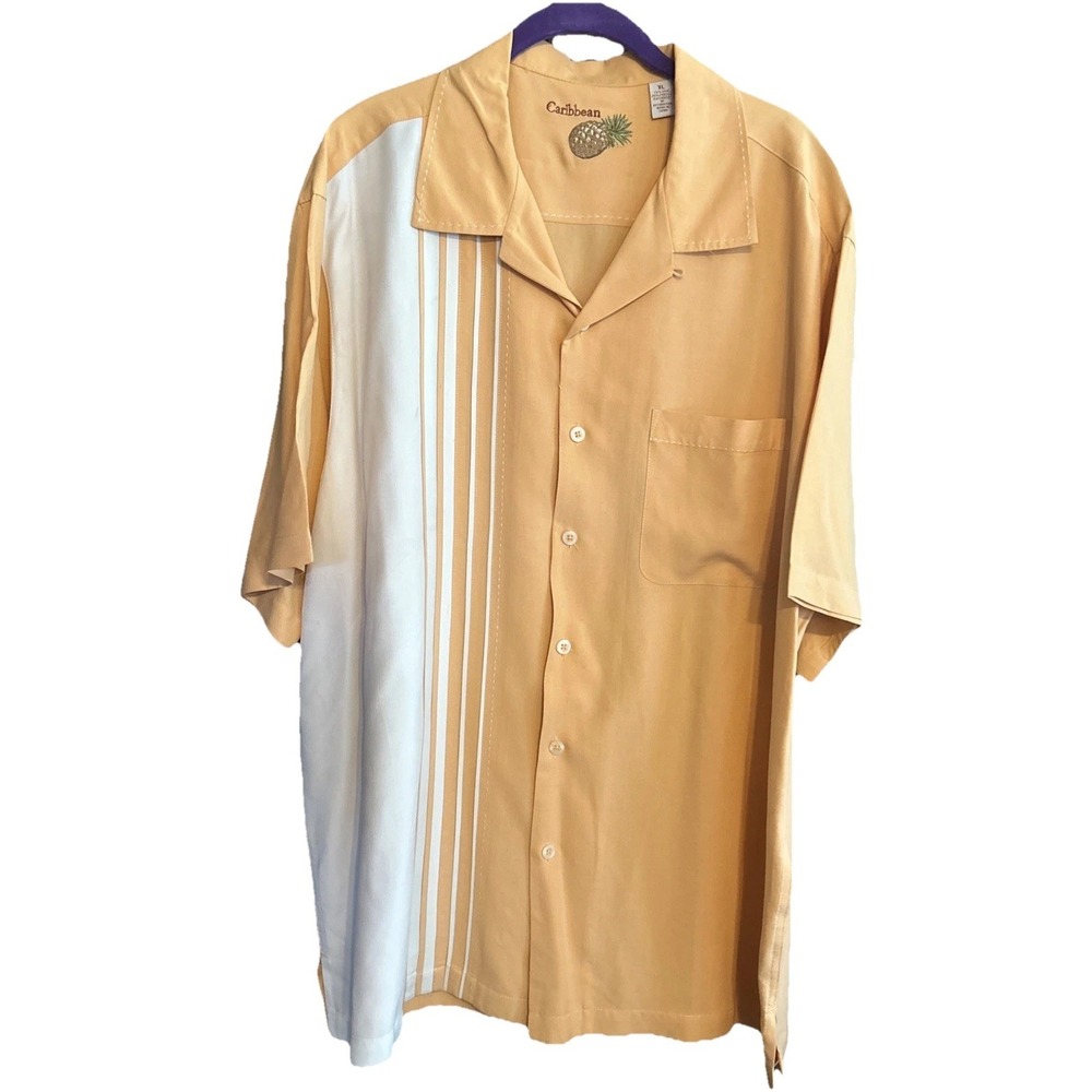 Caribbean Men Shirt XLarge Button Down Silk Blend Short Sleeve Peach & White